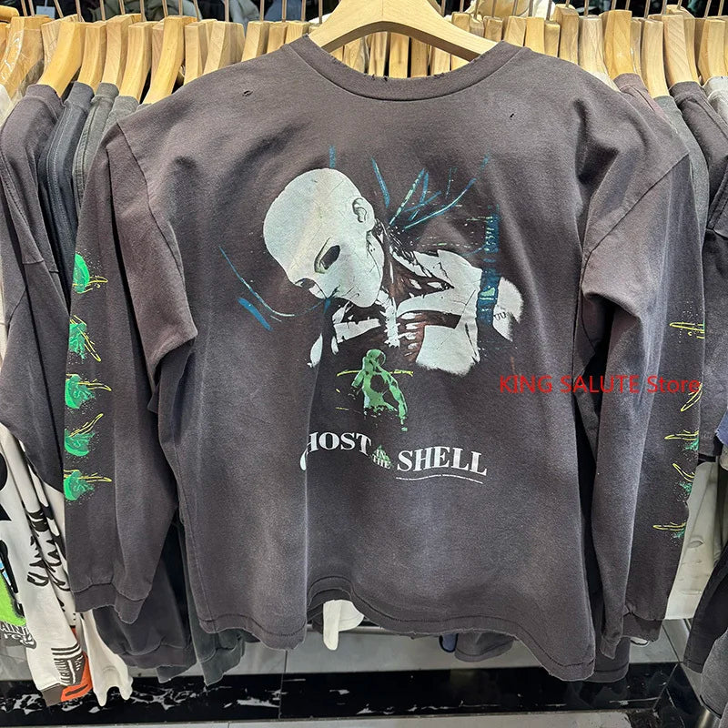 Spring Saint Washed Ripped Pure Cotton Flame Print Graphic T Shirts High Street Casual Men Women Fashion Long Sleeve Tees