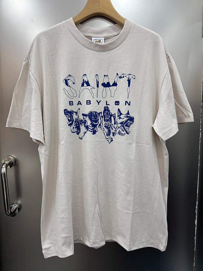 Best Quality American Retro Blue Dog Print Saint Men T Shirt Hip Hop Street Fashion Summer Tops