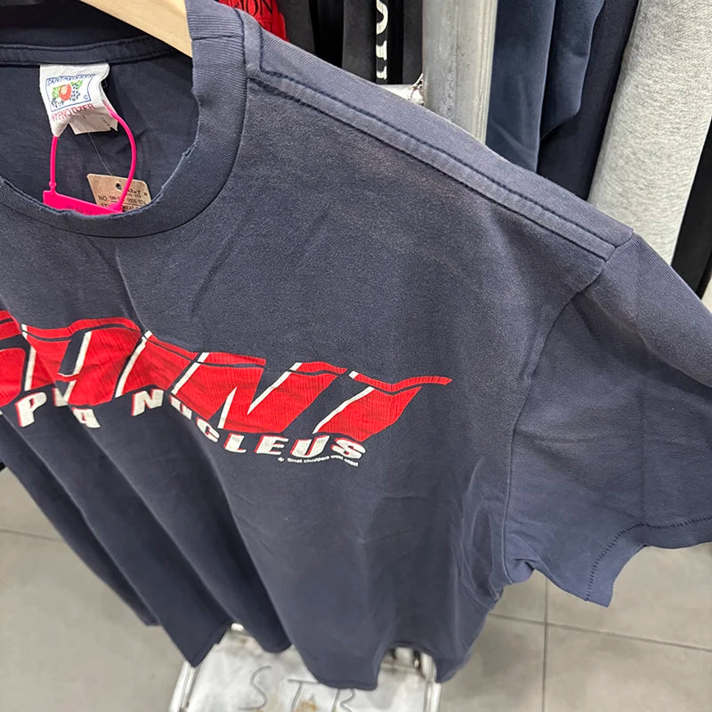 Retro Blue Saint Crack Letter ALPHA Logo Vintage T Shirt Washed Hole Summer Men Short Sleeve