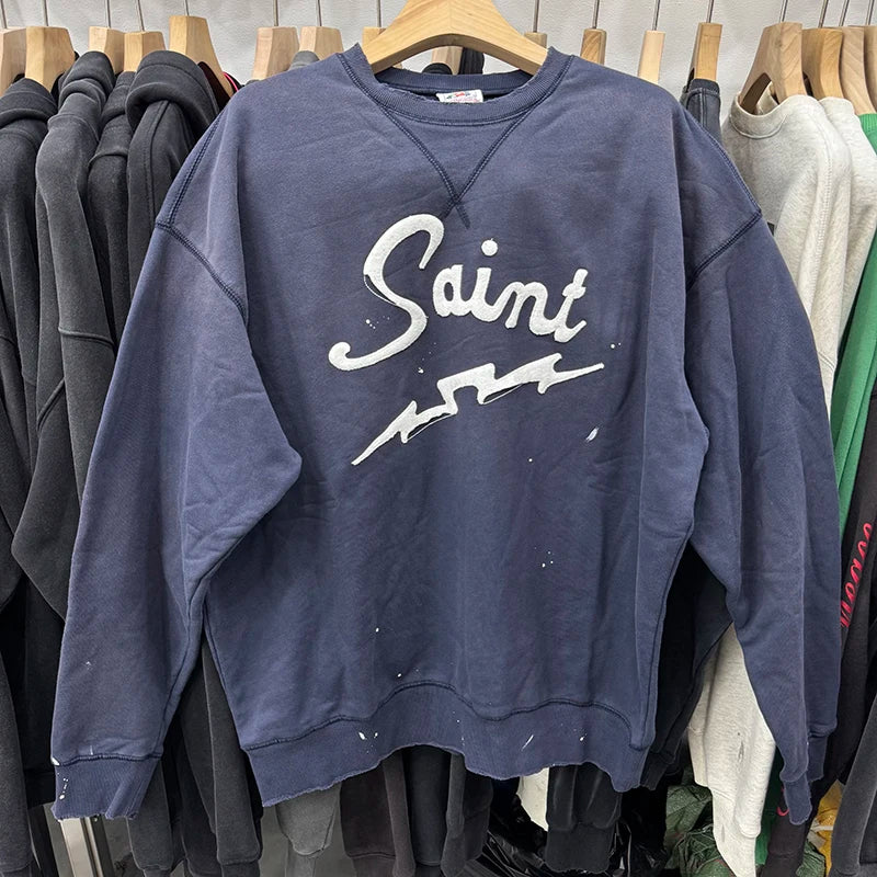 Splash-ink Saint Loose O-Neck Letter Embroidery Washed Blue Sweatshirts Vintage Streetwear Men