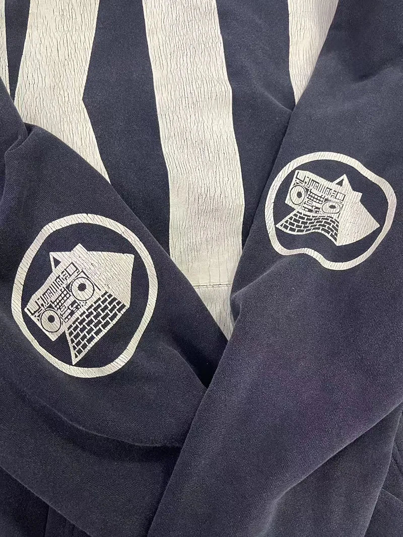 Best Quality Saint Washed White Print KLF Black Hoodies for Men Crack Pattern Trendy Street Pullover