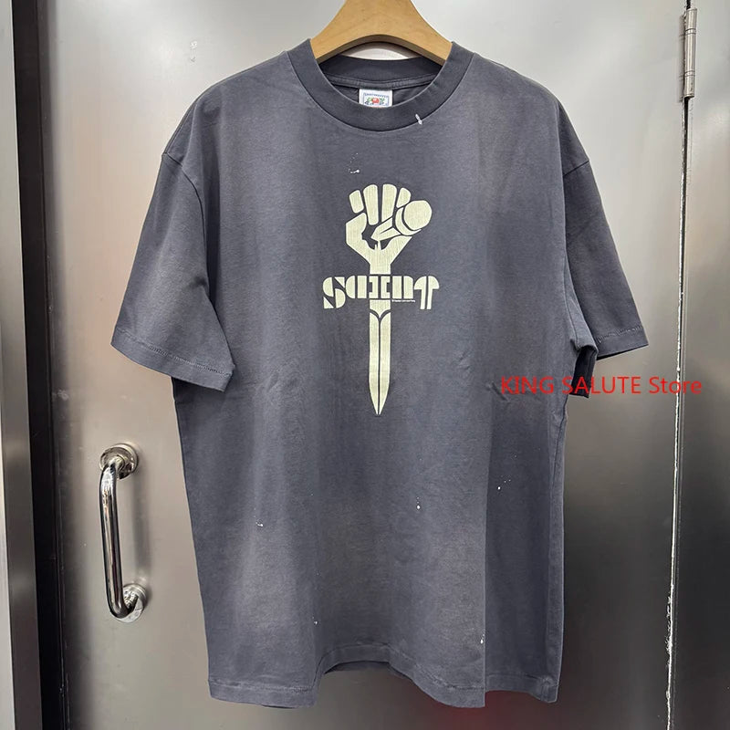 Retro Grey Saint Pure Cotton Cross-shaped Fist Microphone Pattern Print Men T Shirt