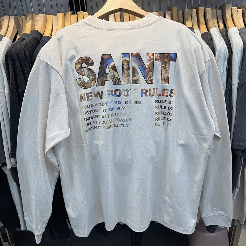 Gradient Color Letter SAINT Retro Washed Oversized T Shirt High Quality Japan Style Fashion Long Sleeve Tees