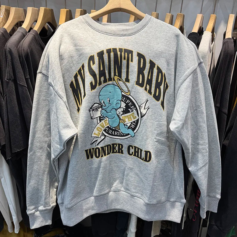 VTG SAINT Cartoon Angel Baby Retro Distressed Round Neck Loose Sweater Men Street Fashion Couple Pullover