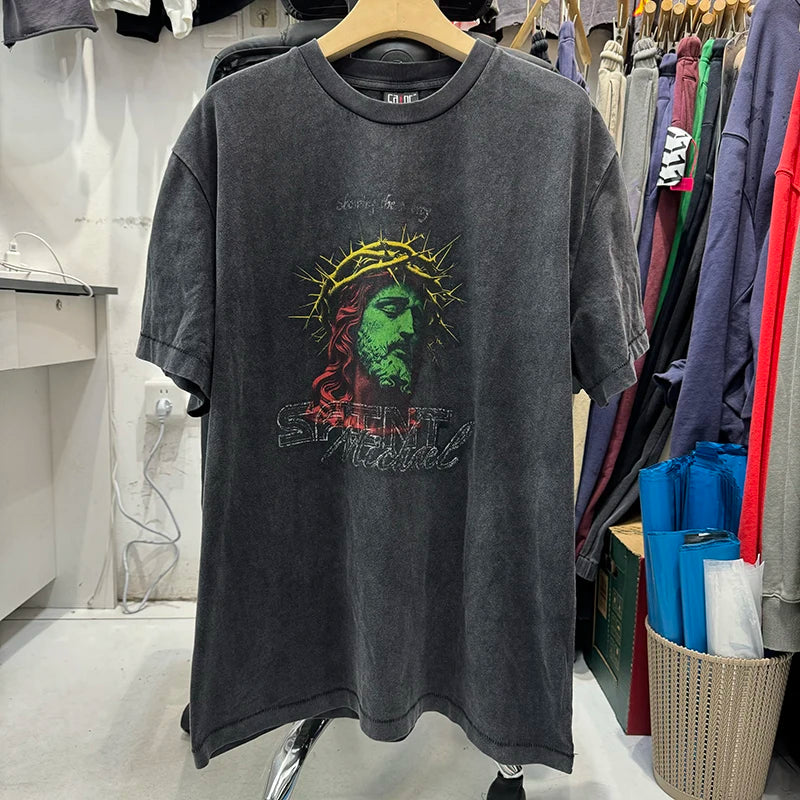 Saint Xxx Stb Men Clothing Washed Retro Portrait Print Character Print American Style Oversized T Shirt Streetwear
