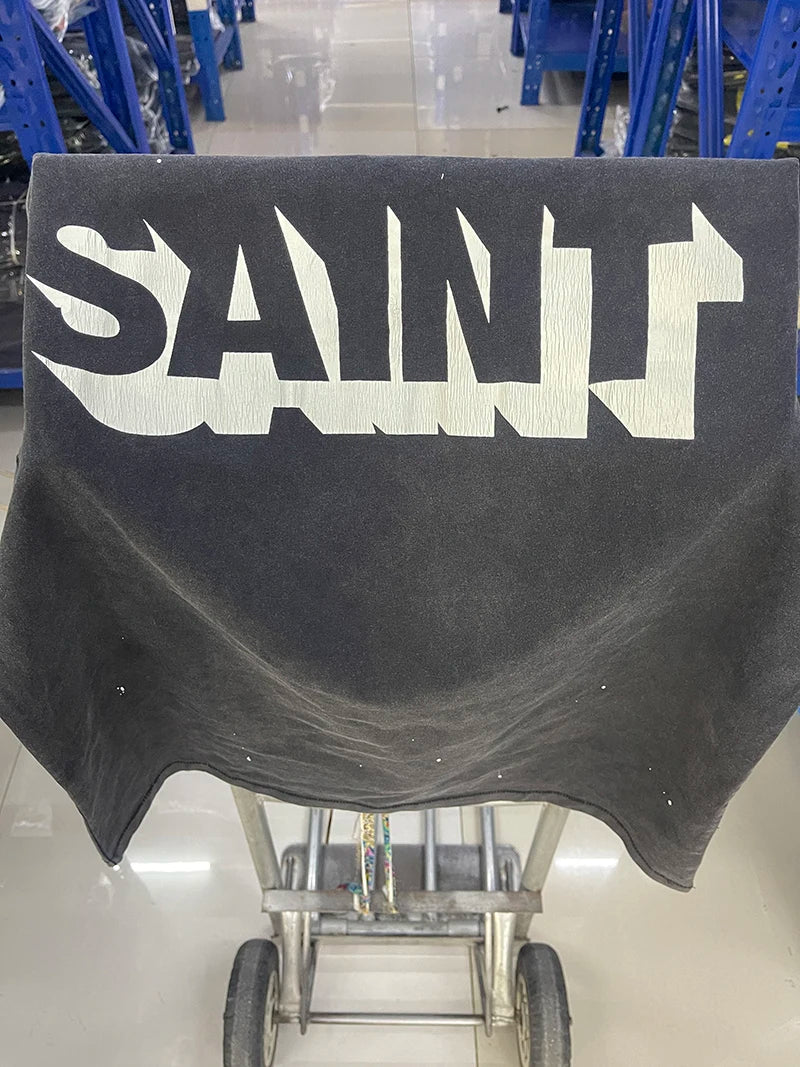 Washed Saint Crack Stereoscopic American Style Vintage T Shirt Street Fashion