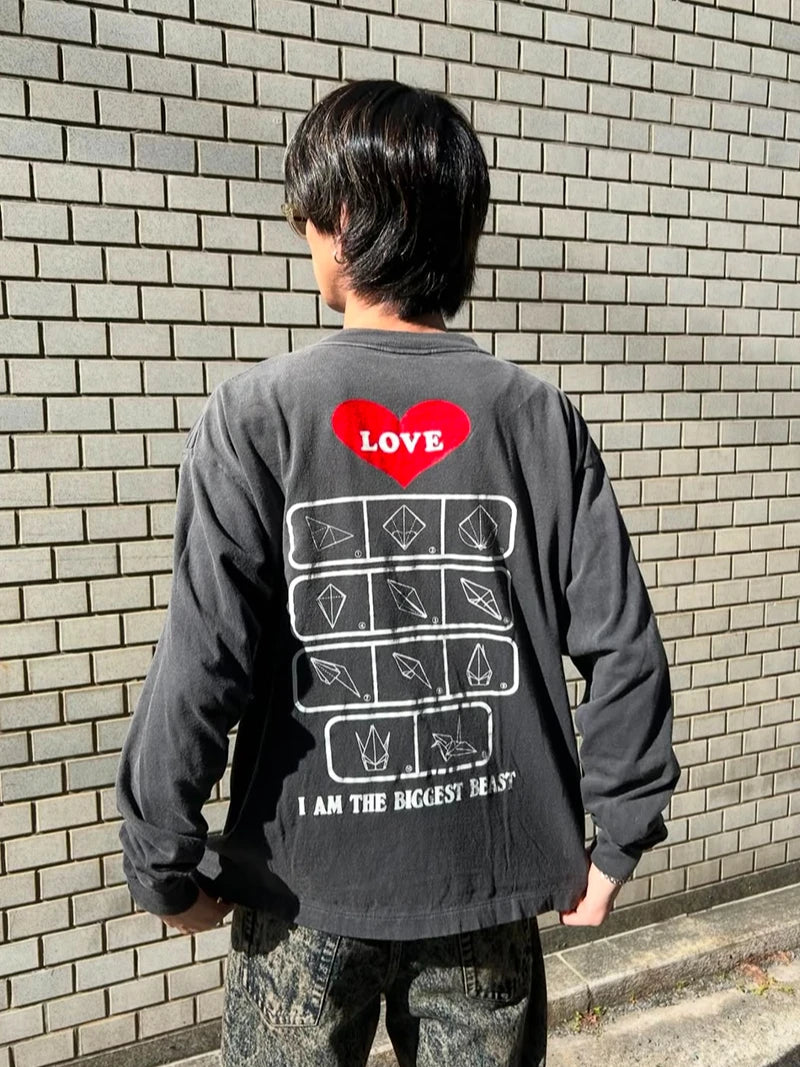 Casual Saint Origami Crane Pattern LOVE Printing Oversized T Shirt Street Fashion Men Vintage Long Sleeve