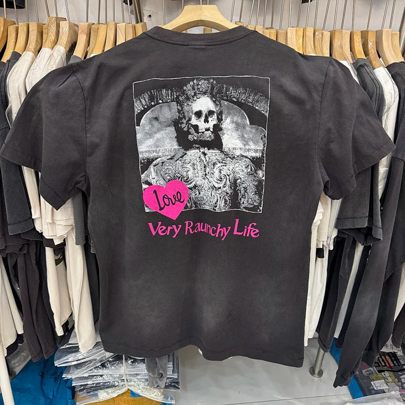 Washed Saint Letter Series Pink Print Skulls Graphic T Shirts High Street Casual Men Women Summer Tops