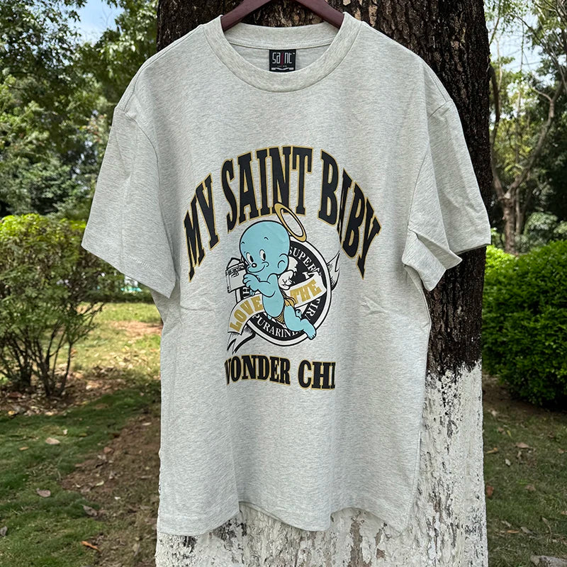 Summer Japan Style Originality Fun Angel Baby High Quality Saint Oversized T Shirt Washed Light Gray Men
