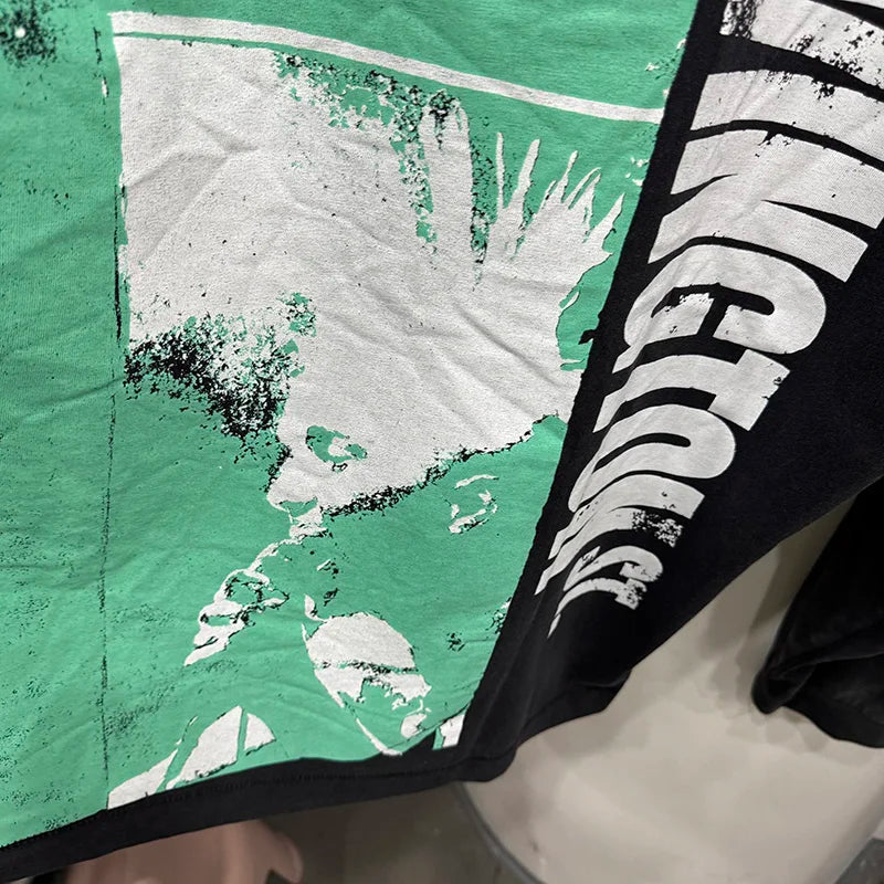 Best Quality RRR123 Graffiti Green Letters American Retro T Shirts for Men Autumn Cotton Street Fashion Long Sleeves Tees