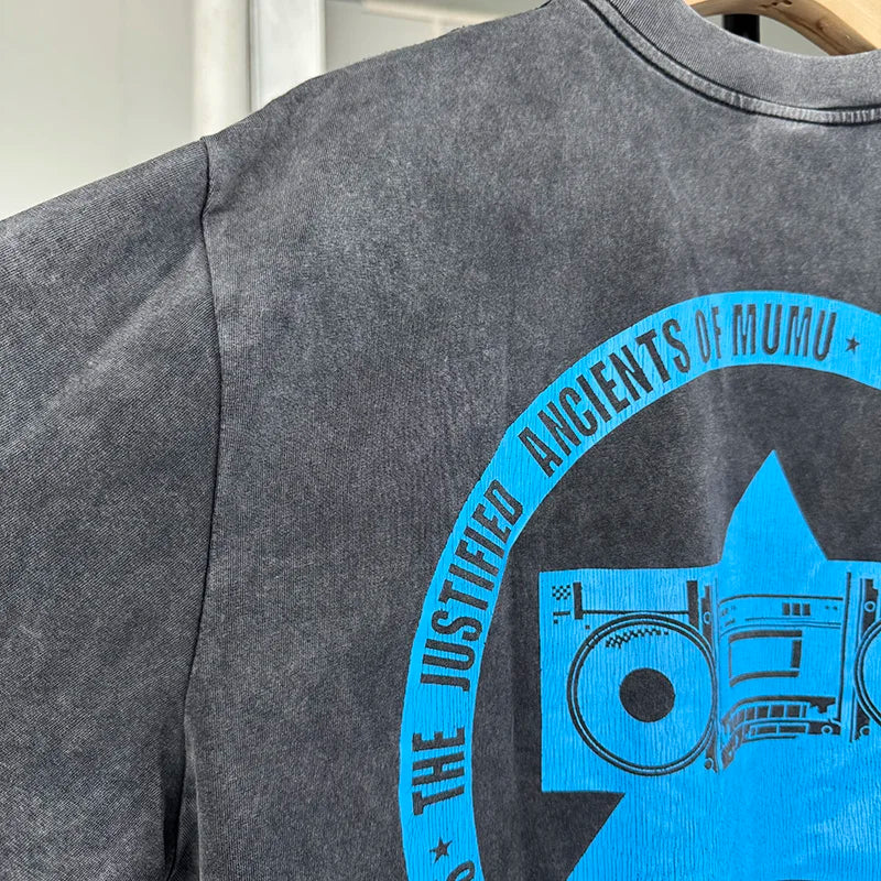 Blue Crack Print Saint Letter T Shirts for Men High Street Casual Washed Vintage Tees