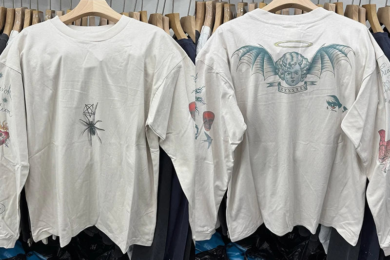 Street Fashion Saint Round Neck Japan Style Angel Print Vintage T Shirt High Quality Men Women Woo Long Sleeve Tees