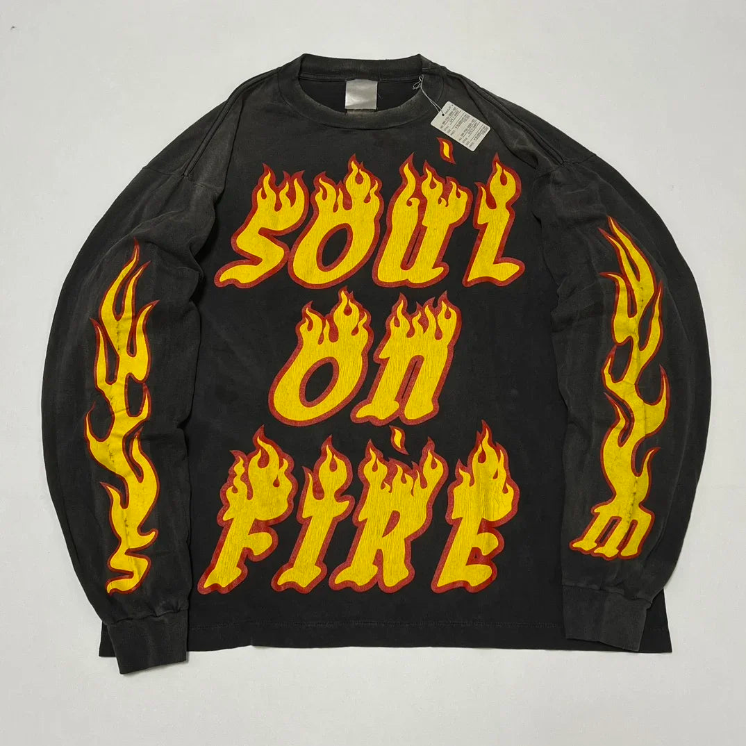 High Quality Saint Round Neck Soul Flame Vintage T Shirt Men Street Fashion Flame Word Long Sleeve