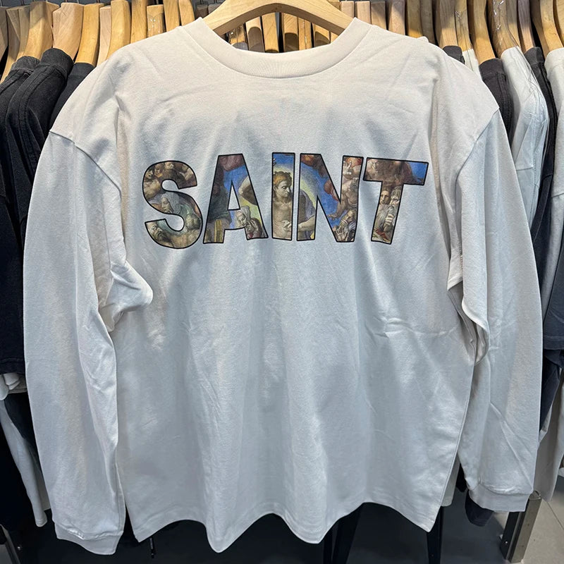 Gradient Color Letter SAINT Retro Washed Oversized T Shirt High Quality Japan Style Fashion Long Sleeve Tees
