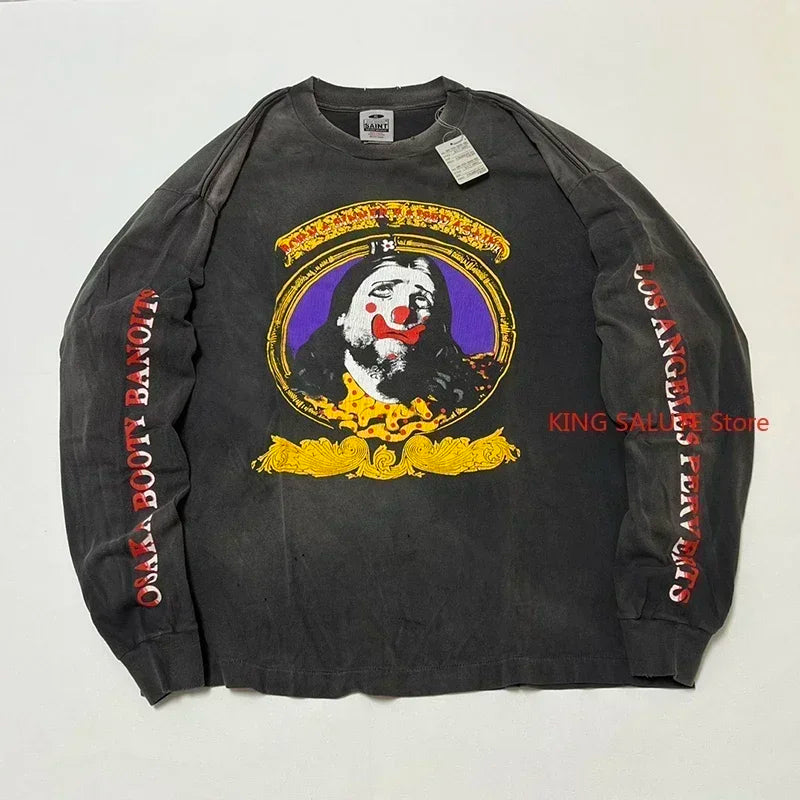 High Quality Saint Round Neck Soul Flame Vintage T Shirt Men Street Fashion Flame Word Long Sleeve