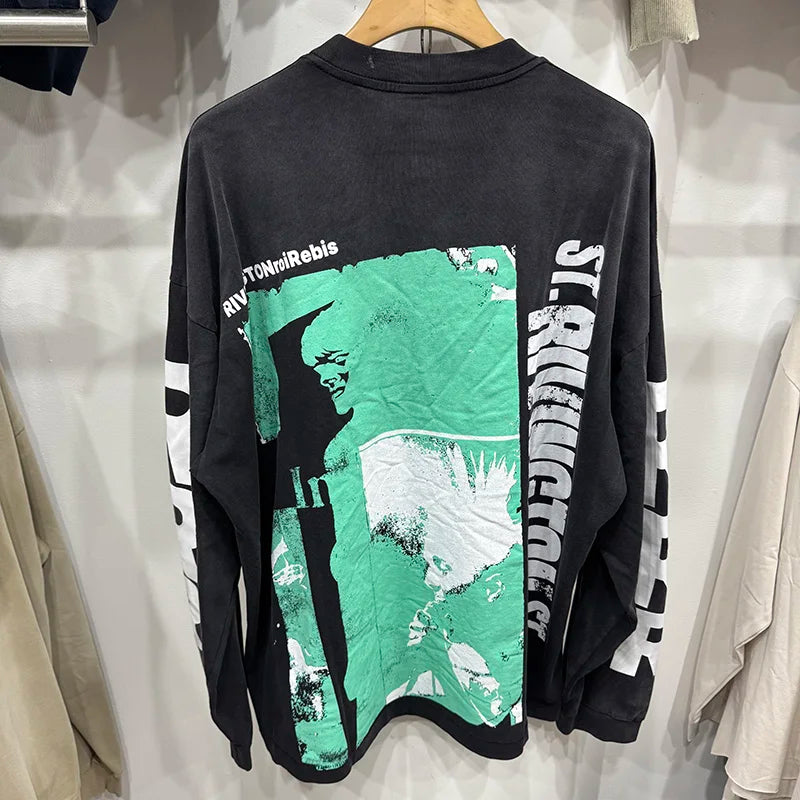 Best Quality RRR123 Graffiti Green Letters American Retro T Shirts for Men Autumn Cotton Street Fashion Long Sleeves Tees