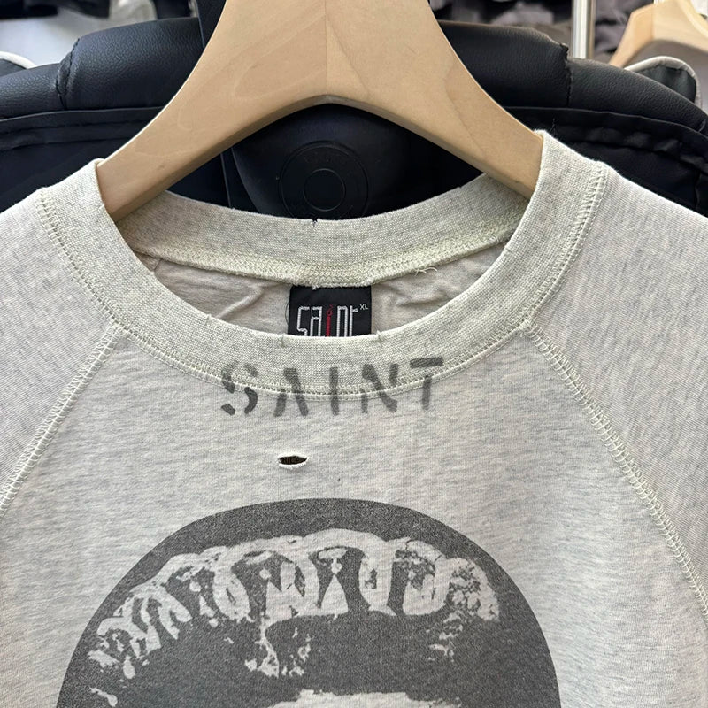 Washed Gray SAINT Round Neck Cotton Oversized T Shirt Street Fashion Graffiti Print T Shirts for Men