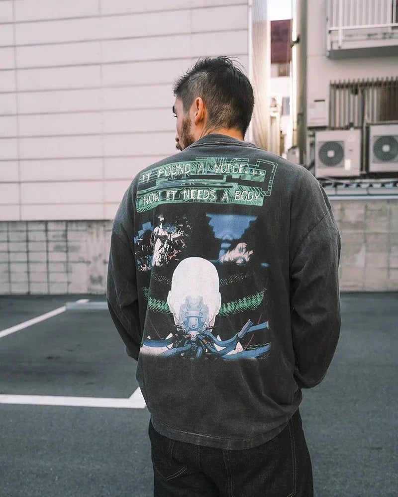 Washed Retro Saint High Quality Anime T Shirt Harajuku Fashion Cartoon Pattern Casual Men Women Long Sleeve