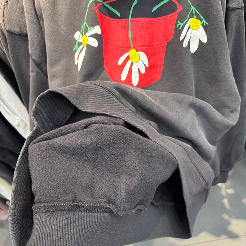 25AW Saint Street Retro Style Love Born Flowers Printed Hoodies Men Harajuku Heavy Fabric Washed Pullover Top