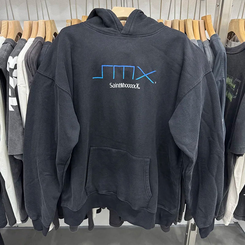 25AW Saint Letter Print Retro Black Hoodies Washed Cotton High Street Casual Pullover Simple Fashion Men