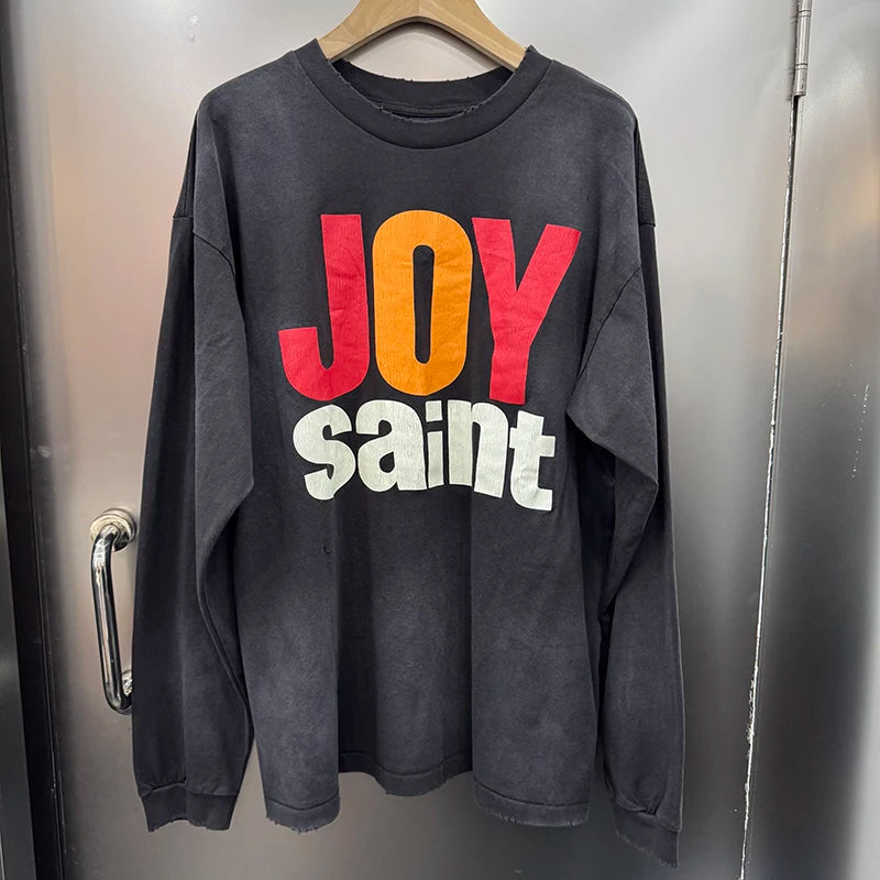 Autumn Winter Long Sleeve Saint Series Vintage Trend Sky Blue T Shirt High Street Casual Men Women Distressed Tops