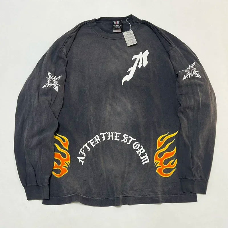 High Quality Saint Round Neck Soul Flame Vintage T Shirt Men Street Fashion Flame Word Long Sleeve