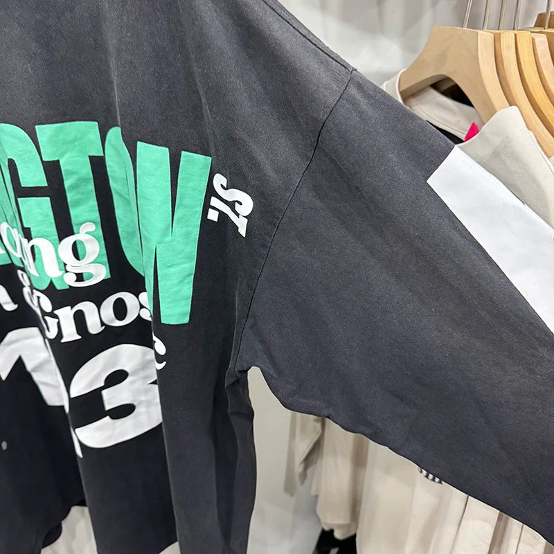 Best Quality RRR123 Graffiti Green Letters American Retro T Shirts for Men Autumn Cotton Street Fashion Long Sleeves Tees
