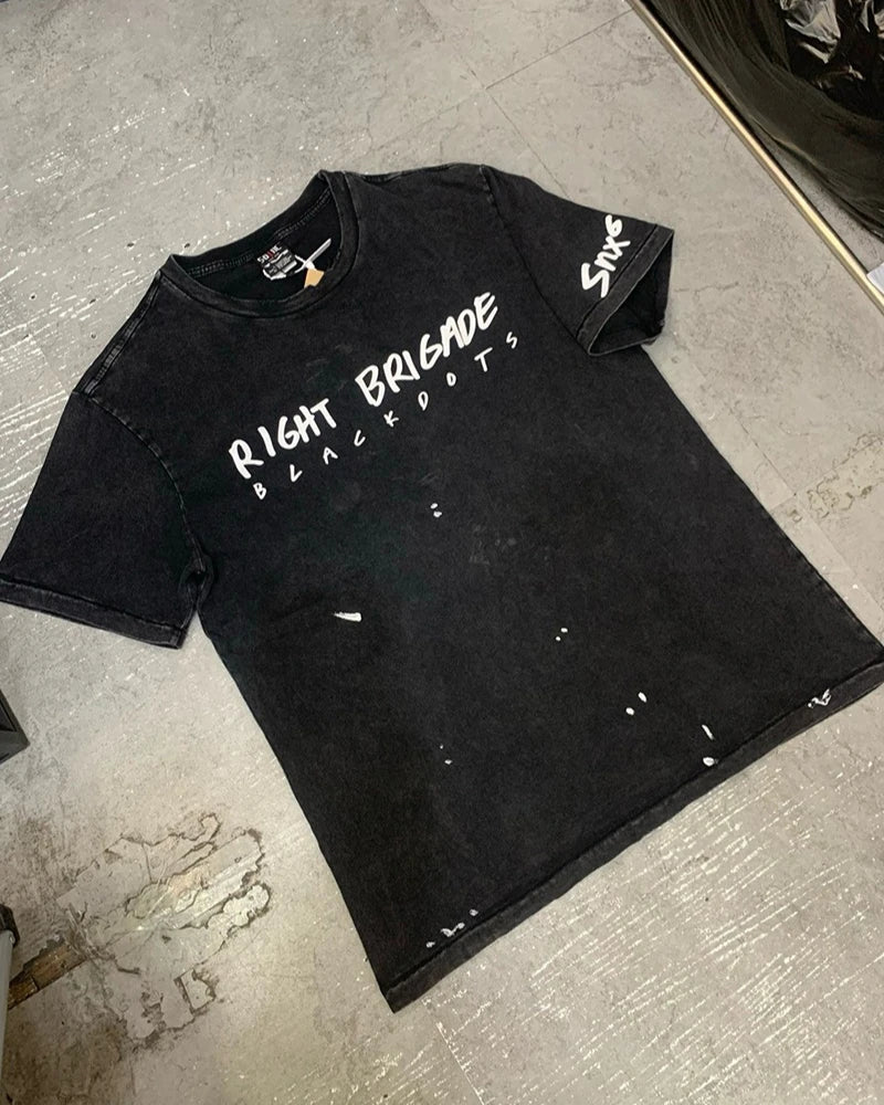 Splashed Ink Saint Crewneck Letter Print RIGHT BRIGADE Vintage T Shirt Casual Fashion Cotton Summer Short Sleeve