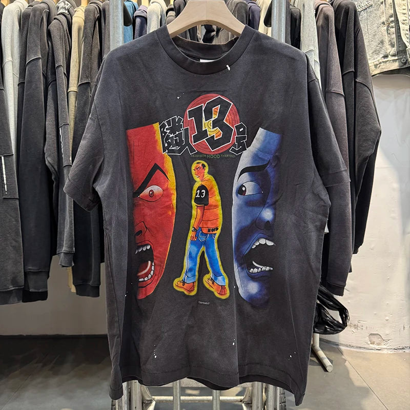 Washed Saint Cartoon 13 Portrait Print Japan Style Vintage T Shirt High Quality Cotton Crewneck for Men Short Sleeve Harajuku