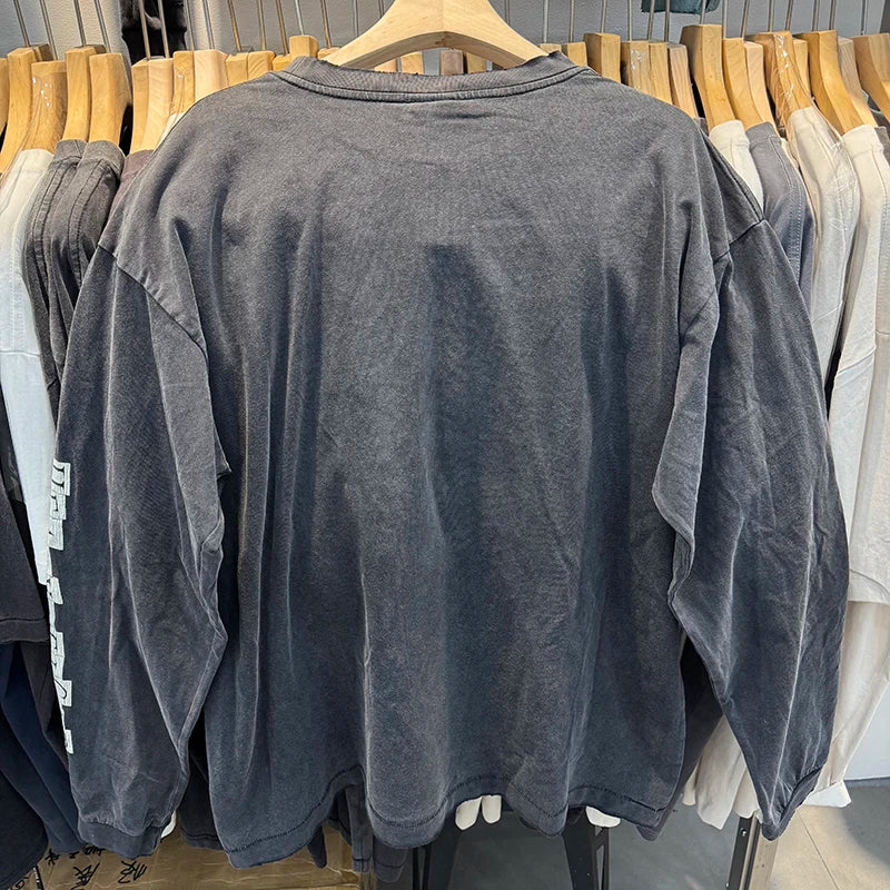 Washed Saint Loose Statue Printing Vintage Long Sleeve T-shirt Hip Hop Harajuku Ripped Tees