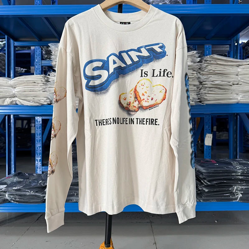 Fashion SAINT Loose Biscuit Print High Street Casual Men Women Vintage T Shirt Autumn and Winter Tops