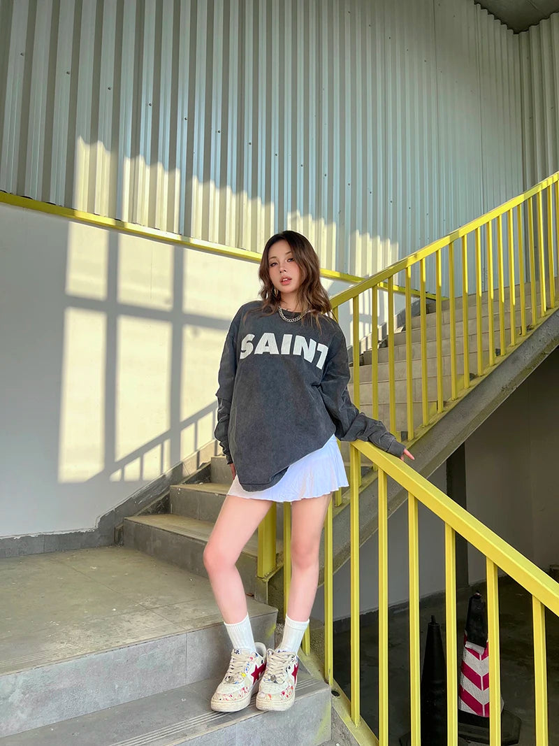 SAINT XXX STB Street Fashion Washed Distressed Letter Print American Style Vintage Casual Men Women Long Sleeve T-shirt