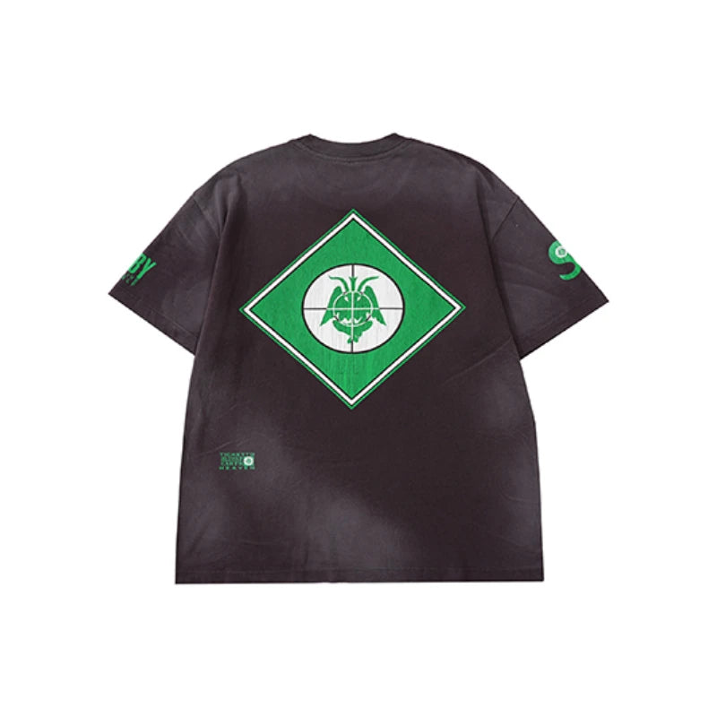 Street Fashion Saint Round Neck Retro Crack Letter Logo Green Printed Short Sleeve American Style Men T Shirt