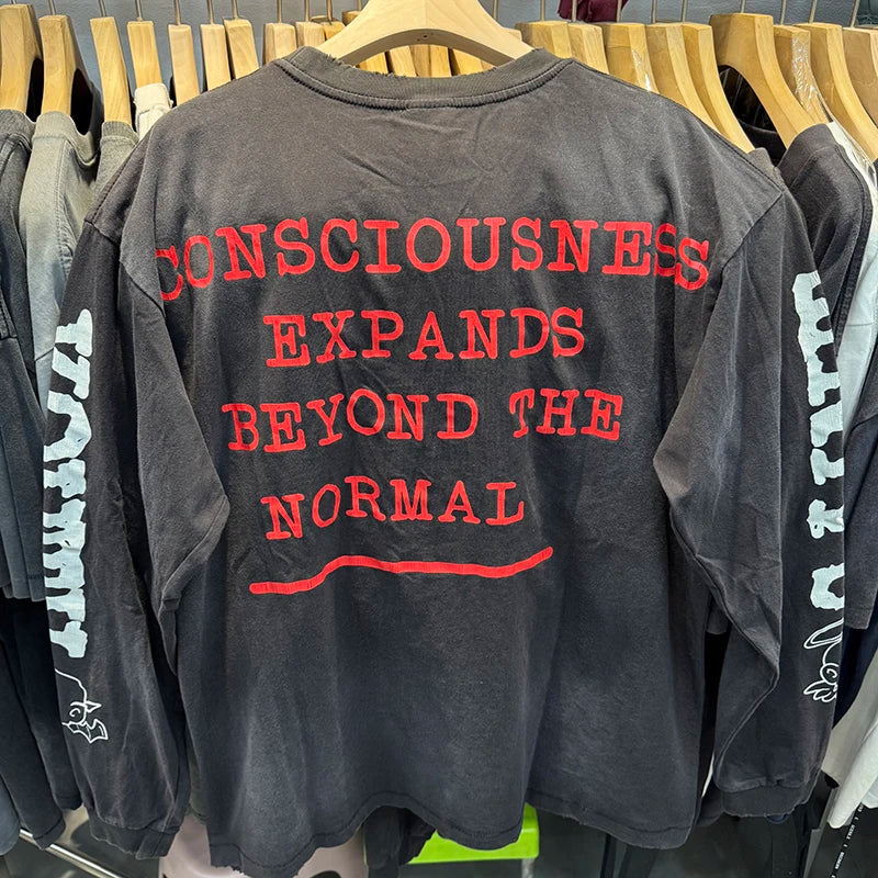 25AW Saint Youth Cracked Portrait Print American Retro Graphic T Shirts Harajuku Letter Long Sleeve Streetwear Men