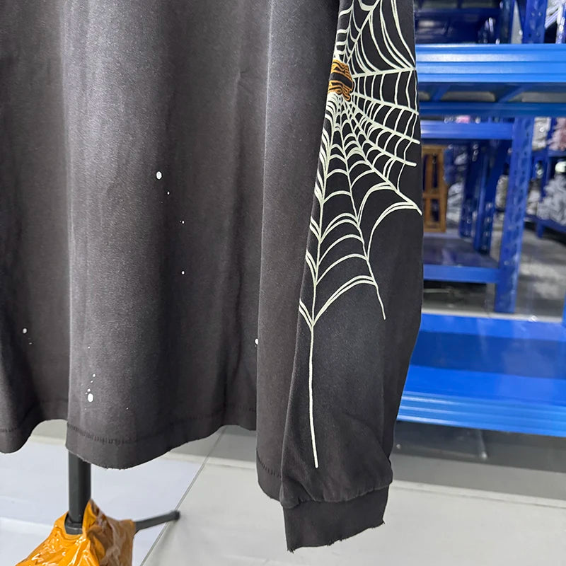 Vintage Hip Hop Street Saint High Quality Letter Print Hole Washed T Shirt Men Loose Fashion Long Sleeve DISCO