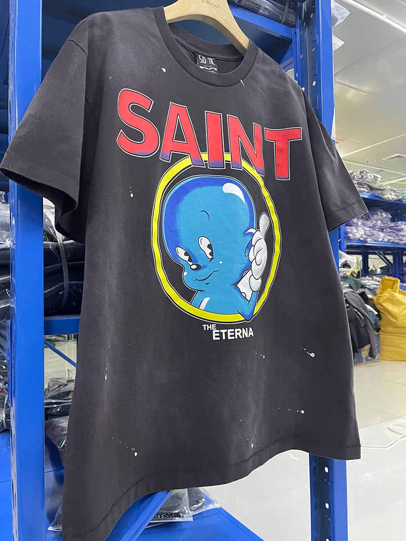 Street Fashion Casper High Quality Washed Summer Short Sleeve Saint Casual Cartoon Letter Print Men Women 1:1 Vintage T-shirt