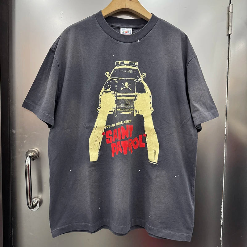 SAINT PATOROL Vintage Round Neck Oversized T Shirt Car Printed Skulls Logo High Street Casual Men Women Short Sleeve Streetwear