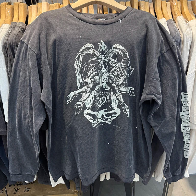 Autumn Winter Long Sleeve Saint Series Vintage Trend Sky Blue T Shirt High Street Casual Men Women Distressed Tops