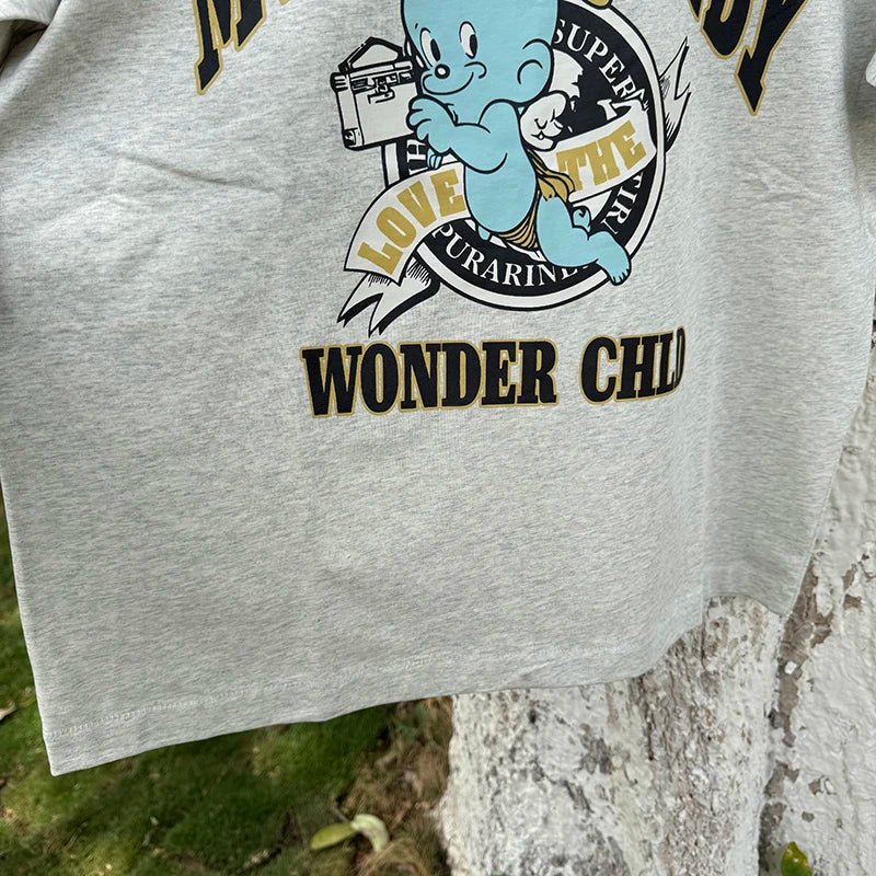 Summer Japan Style Originality Fun Angel Baby High Quality Saint Oversized T Shirt Washed Light Gray Men