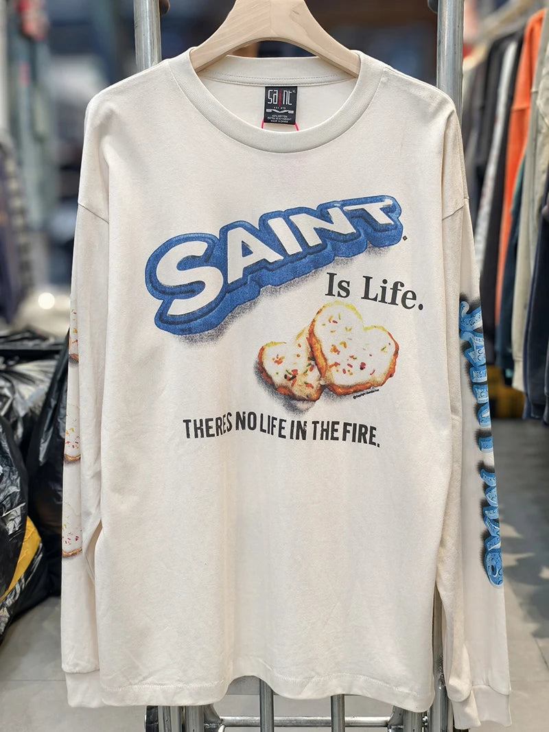 Washed Saint Loose Statue Printing Vintage Long Sleeve T-shirt Hip Hop Harajuku Ripped Tees