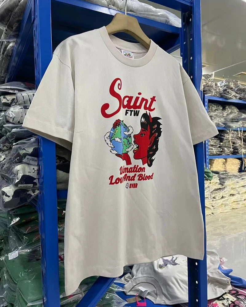 Vintage Summer Saint Crewneck Devil Printed T Shirt for Men Love and Blood High Street Short Sleeve