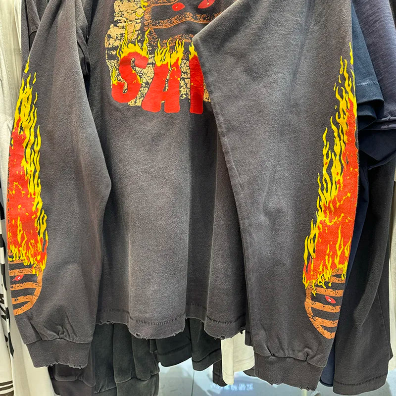 Spring Saint Washed Ripped Pure Cotton Flame Print Graphic T Shirts High Street Casual Men Women Fashion Long Sleeve Tees