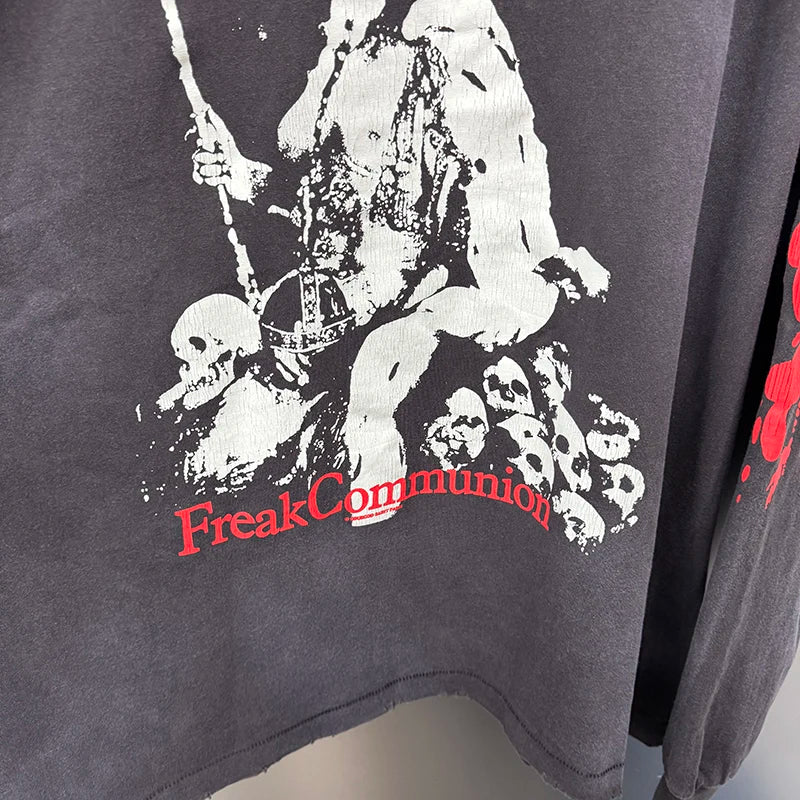 High Quality Saint O-Neck American Retro Skeleton King Graphic T Shirts Autumn Cotton Washed Trendy Long Sleeve Tops
