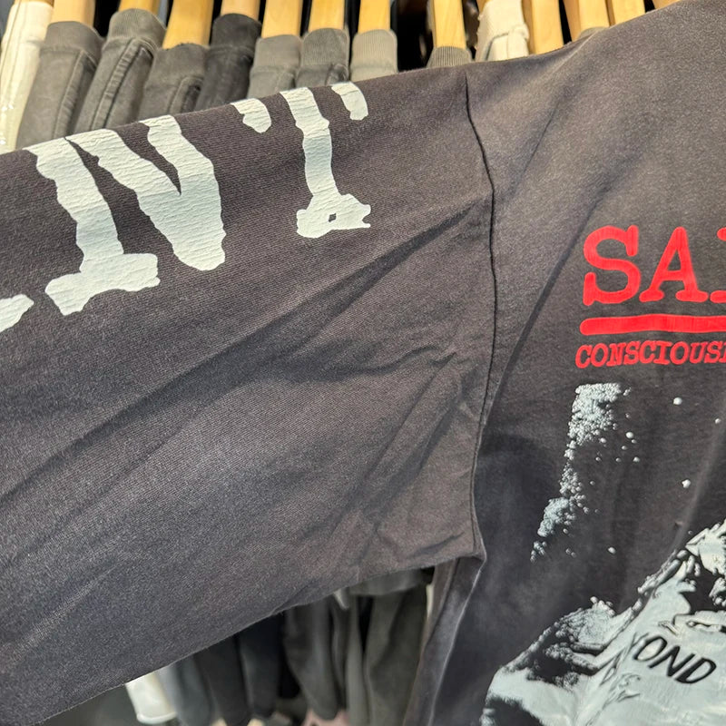 25AW Saint Youth Cracked Portrait Print American Retro Graphic T Shirts Harajuku Letter Long Sleeve Streetwear Men