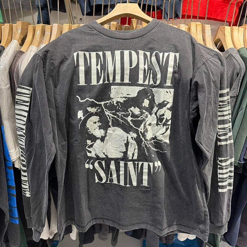 Washed Black SAINT TEMPEST Letter Vintage T Shirt High Street Casual Men Women Long Sleeve Harajuku