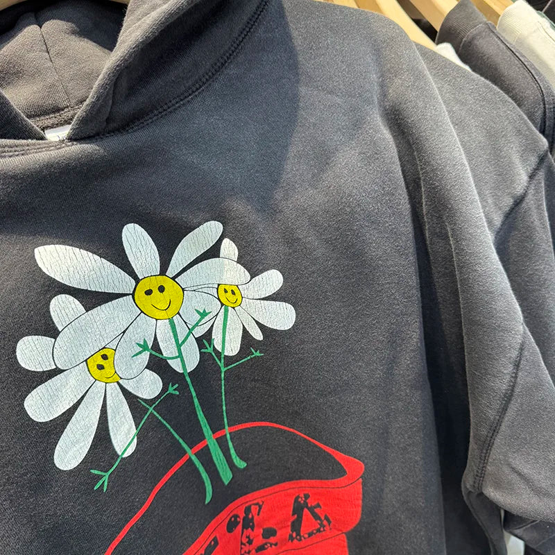25AW Saint Street Retro Style Love Born Flowers Printed Hoodies Men Harajuku Heavy Fabric Washed Pullover Top
