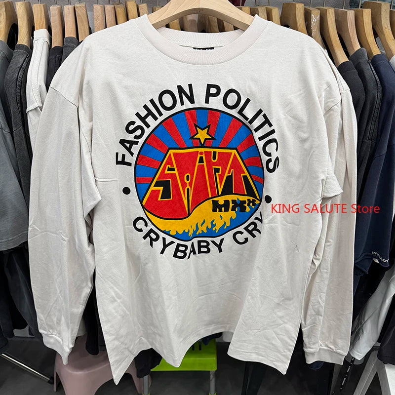 Washed White Saint Fashion Red Circular Printed Autumn Pure Cotton Long Sleeve Mens T Shirts