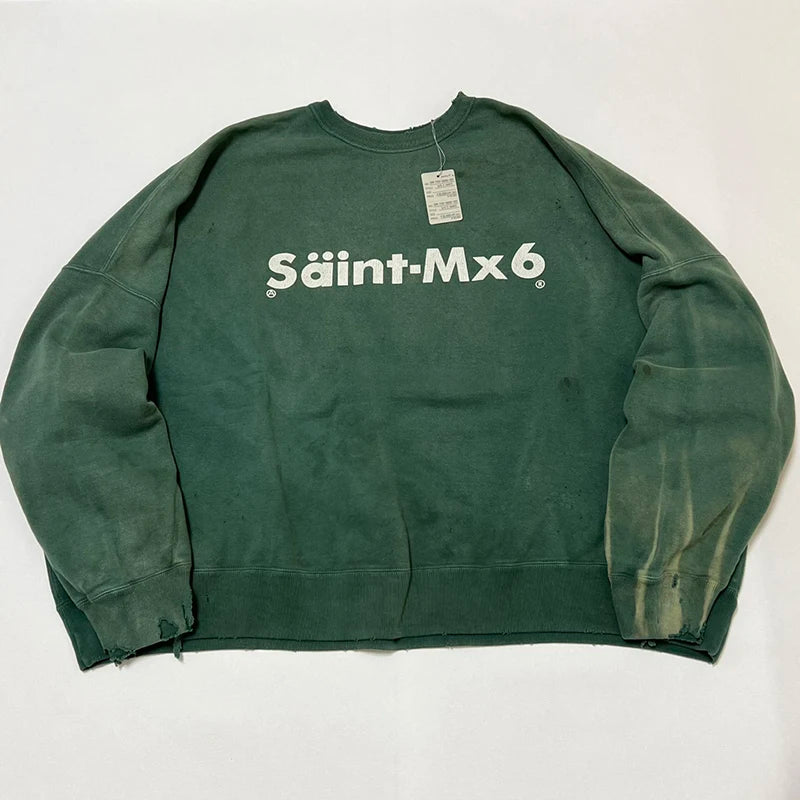 Washed Green Saint Winter Thicken Sweatshirt Loose Retro Hole Street Fashion Men Women Pullover Harajuku