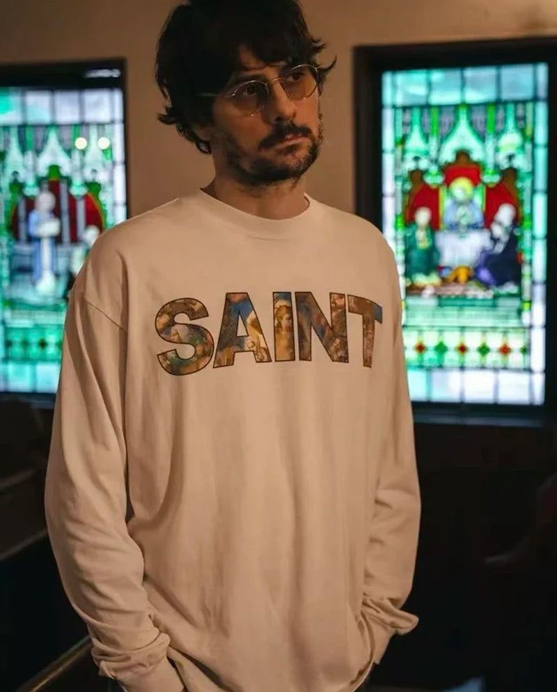 Gradient Color Letter SAINT Retro Washed Oversized T Shirt High Quality Japan Style Fashion Long Sleeve Tees