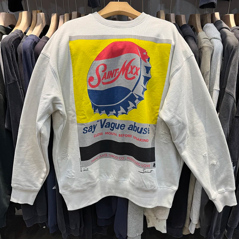 Beige Saint Crewneck for Men Bottle Cap Printed Sweatshirt Crack Retro Hole Winter Thick Trend Tops